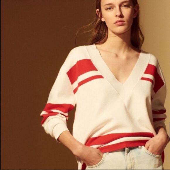 Sandro Paris Oversized Pullover Stripe V-Neck Sweater - Picture 1 of 8
